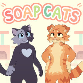 Soap Cats logo, with 2 anthropomorphic cats below it
