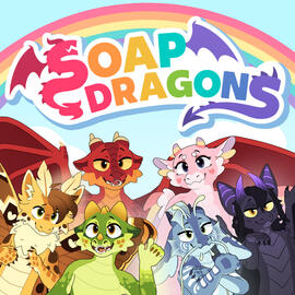 SoapDragons logo, with 6 anthropomorphic dragons below it