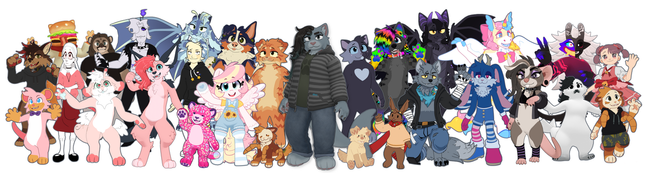 Renders of many of my models placed to the left and right of my model of my fursona who is standing in the center.