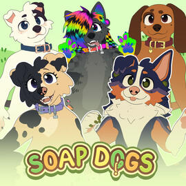 Soap Dogs logo, with 5 anthropomorphic dogs above it