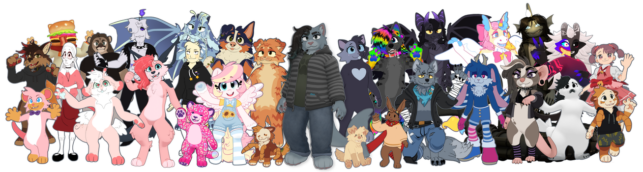 Renders of many of my models placed to the left and right of my model of my fursona who is standing in the center.