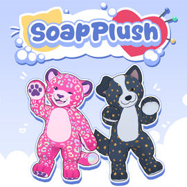 SoapPlush logo, with 2 anthropomorphic plushies below it