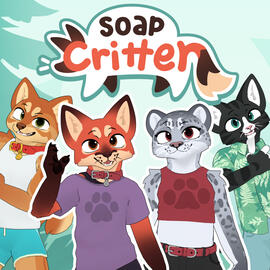 SoapCritter logo, with 4 furries below it (Shiba, Fox, Snow Leopard, and Black Cat)